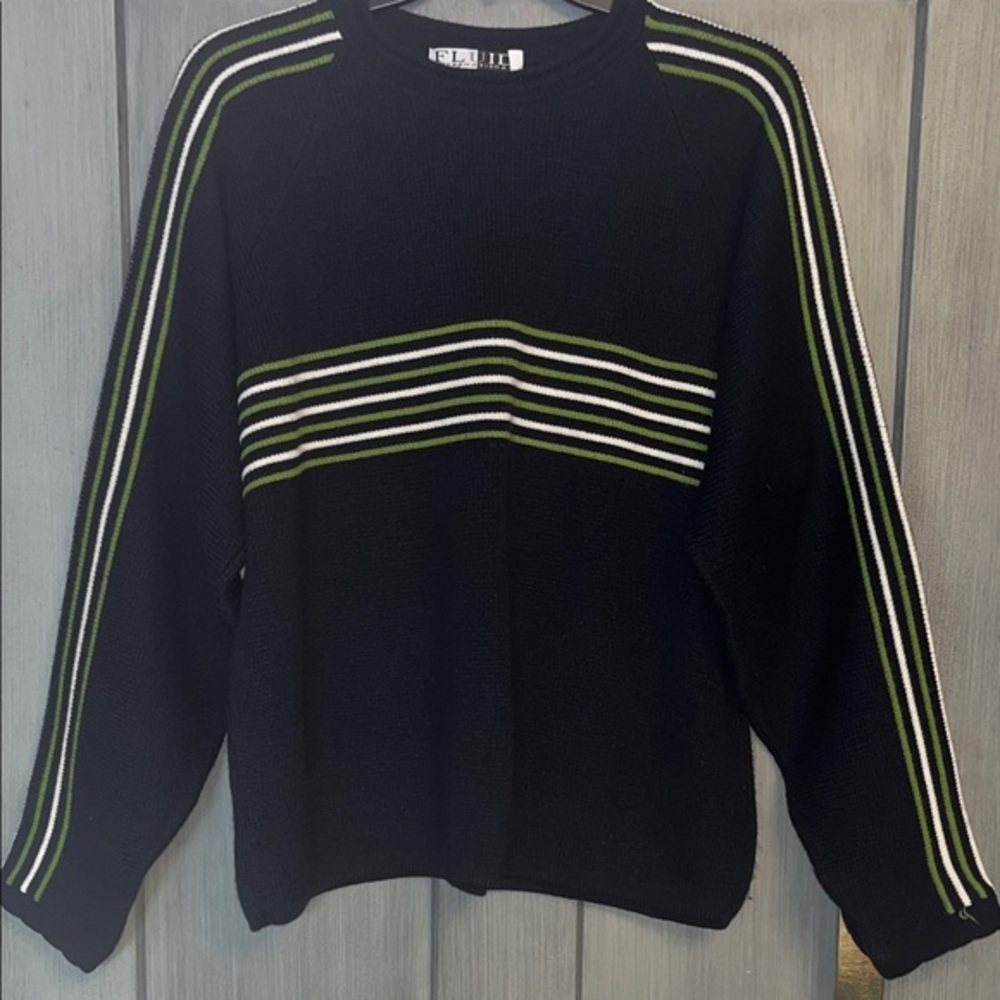 Vintage 90’s Men’s Stylish Navy Crewneck Sweater with Green and White Stripes